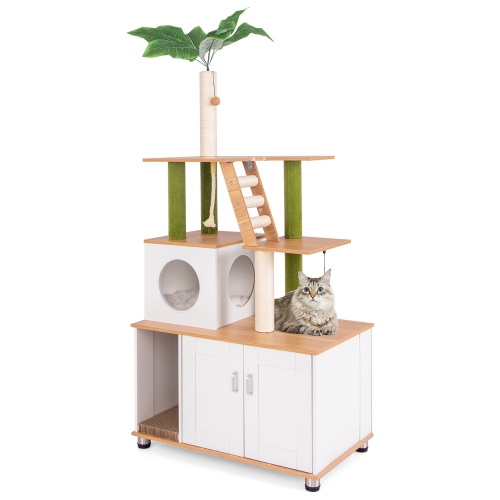 Gymax All-in-One Cat Tree w/ Litter Box Enclosure Cat Tower Scratching Posts Ladder