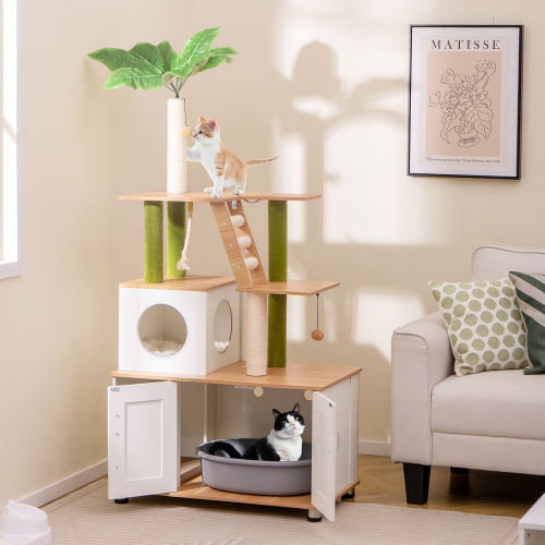 Gymax All-in-One Cat Tree w/ Litter Box Enclosure Cat Tower Scratching Posts Ladder
