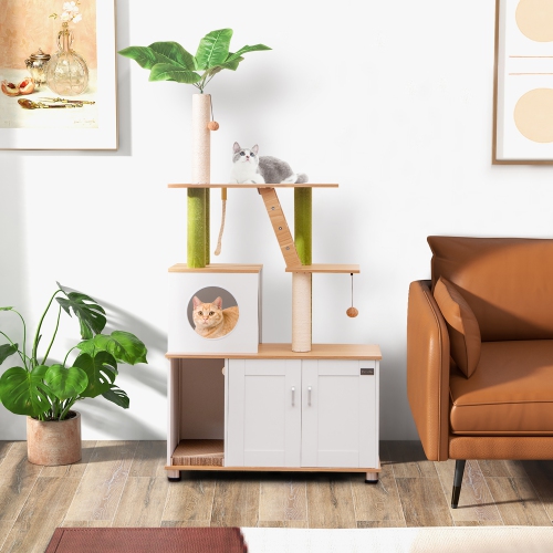 Gymax All-in-One Cat Tree w/ Litter Box Enclosure Cat Tower Scratching Posts Ladder