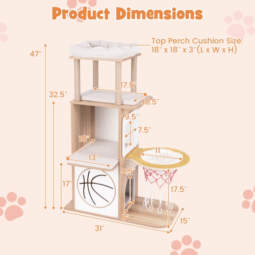 Gymax 47'' Wooden Cat Tree w/ 2-Story Cat Condo 2 Perches Basketball Hoop Hammock