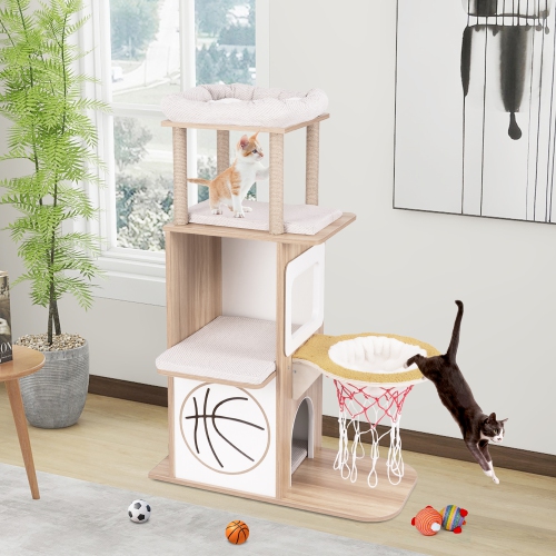 Gymax 47'' Wooden Cat Tree w/ 2-Story Cat Condo 2 Perches Basketball Hoop Hammock