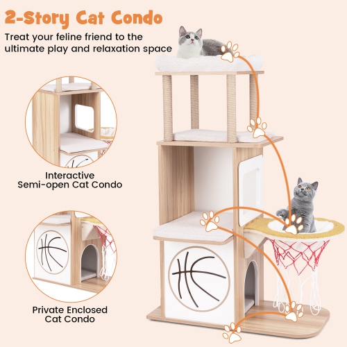 Gymax 47'' Wooden Cat Tree w/ 2-Story Cat Condo 2 Perches Basketball Hoop Hammock
