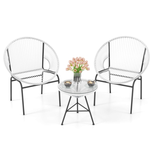 Costway 3PCS Patio Acapulco Furniture Bistro Set Plastic Rope Glass Table