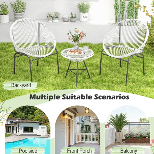 Costway 3PCS Patio Acapulco Furniture Bistro Set Plastic Rope Glass Table