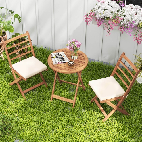 COSTWAY  3 PCs Acacia Wood Patio Bistro Set Folding Outdoor Table And Chairs With Cushions