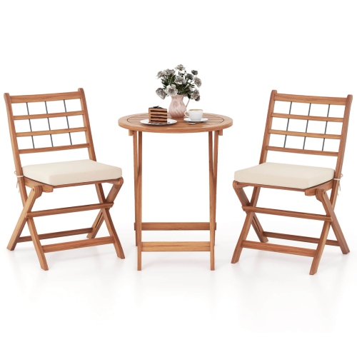 Costway 3 PCS Acacia Wood Patio Bistro Set Folding Outdoor Table and Chairs with Cushions