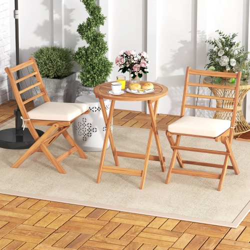 Costway 3 PCS Acacia Wood Patio Bistro Set Folding Outdoor Table and Chairs with Cushions