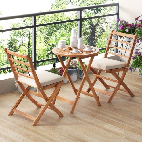 Costway 3 PCS Acacia Wood Patio Bistro Set Folding Outdoor Table and Chairs with Cushions