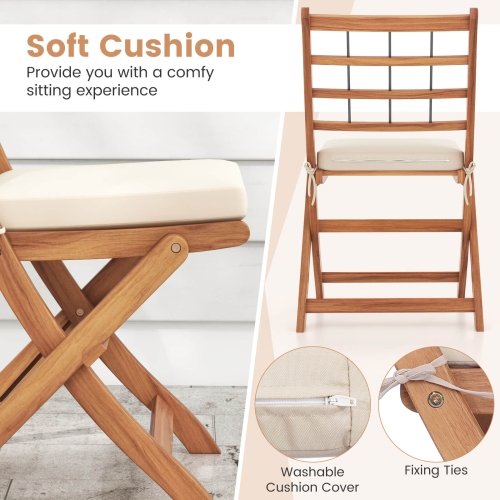 Costway 3 PCS Acacia Wood Patio Bistro Set Folding Outdoor Table and Chairs with Cushions