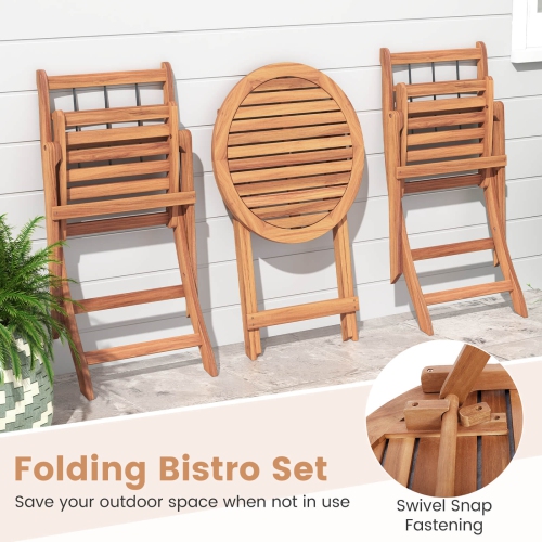 Costway 3 PCS Acacia Wood Patio Bistro Set Folding Outdoor Table and Chairs with Cushions