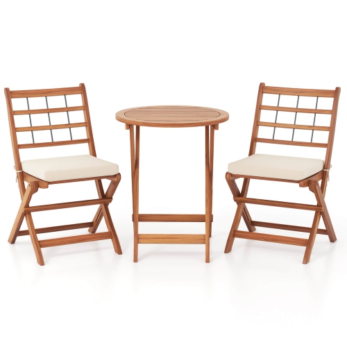 Costway 3 PCS Acacia Wood Patio Bistro Set Folding Outdoor Table and Chairs with Cushions