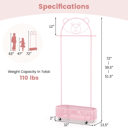Costway Kid Clothes Rack with 3 Adjustable Heights Home Freestanding Clothes Rack
