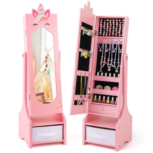 Armoire à bijoux pour enfants avec tiroir à miroir pleine longueur à 2 angles d'inclinaison ajustables de Costway