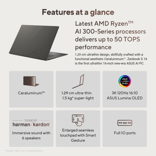ASUS Zenbook S 16 ultrathin laptop, ASUS next-level AI PC 16" 3K 120Hz OLED Touchscreen / AMD Ryzen AI 9 365 / 24GB Memory / 1TB SSD / Wi-Fi 7 /