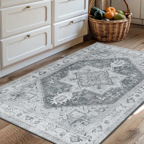 2' x 3' Medallion Washable Rug, Boho Distressed Grey Rug Small Area Rugs for Entryway Bedroom Bathroom, Vintage Printed Rugs Low Pile Non-Slip Rubber