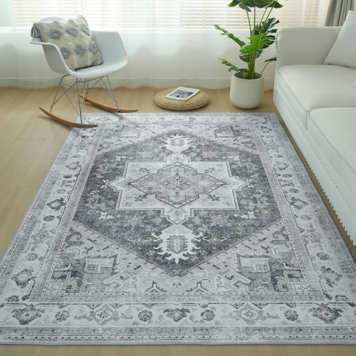 4' x 6' Area Rugs for Living Room Distressed Grey Bedroom Rugs, Retro Printed Rugs for Living Room Bedroom Laundry Room, Boho Washable Non-Slip Rugs