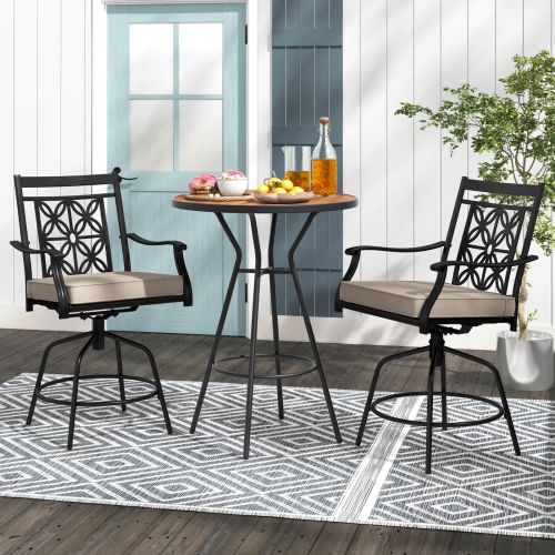 COSTWAY  Outdoor 360°Swivel Bar Stools Set Of 2 With Seat Cushions High Back & Armrests