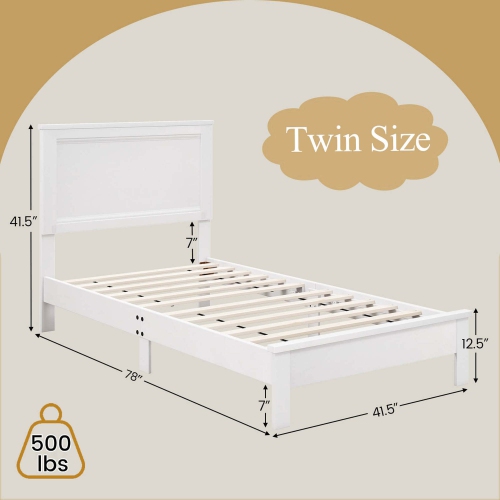Costway Twin Size Bed Frame Platform Slat High Headboard Bedroom Rubber Wood Leg White