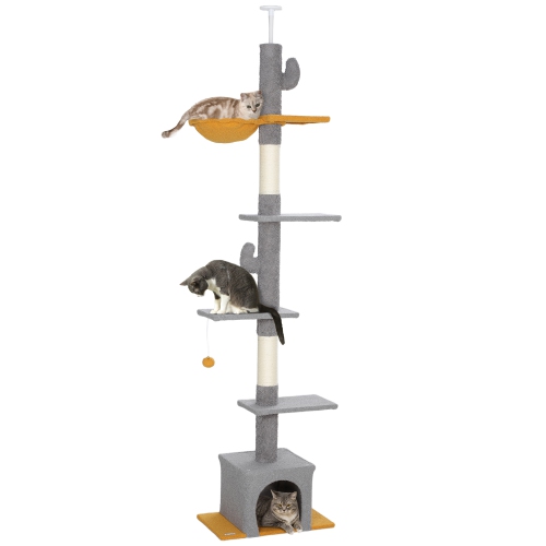 PawHut Floor to Ceiling Cat Tree, Cat Tower with 90.5"-108" Adjustable Height, 5 Tier Activity Centre with Scratching Posts, Hammock, Condo, Toy Ball