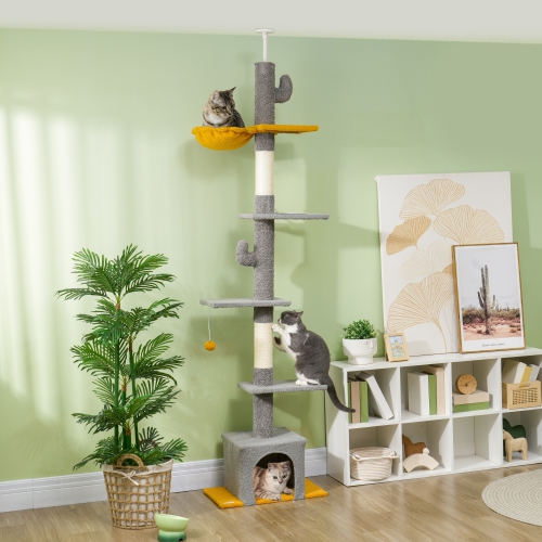 PawHut Floor to Ceiling Cat Tree, Cat Tower with 90.5"-108" Adjustable Height, 5 Tier Activity Centre with Scratching Posts, Hammock, Condo, Toy Ball