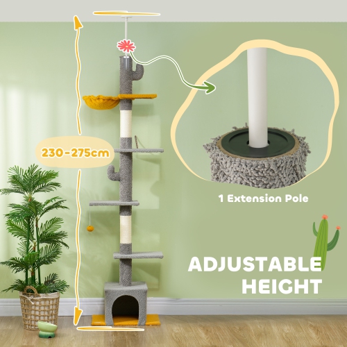 PawHut Floor to Ceiling Cat Tree, Cat Tower with 90.5"-108" Adjustable Height, 5 Tier Activity Centre with Scratching Posts, Hammock, Condo, Toy Ball