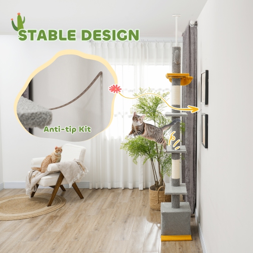 PawHut Floor to Ceiling Cat Tree, Cat Tower with 90.5"-108" Adjustable Height, 5 Tier Activity Centre with Scratching Posts, Hammock, Condo, Toy Ball