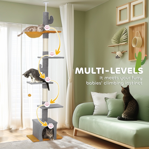 PawHut Floor to Ceiling Cat Tree, Cat Tower with 90.5"-108" Adjustable Height, 5 Tier Activity Centre with Scratching Posts, Hammock, Condo, Toy Ball