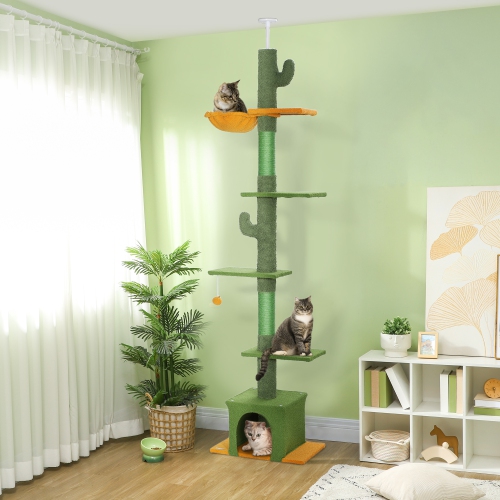 PawHut Floor to Ceiling Cat Tree, Cat Tower with 90.5"-108" Adjustable Height, 5 Tier Activity Centre with Scratching Posts, Hammock, Condo, Toy Ball