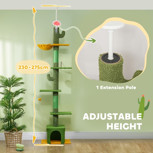 PawHut Floor to Ceiling Cat Tree, Cat Tower with 90.5"-108" Adjustable Height, 5 Tier Activity Centre with Scratching Posts, Hammock, Condo, Toy Ball