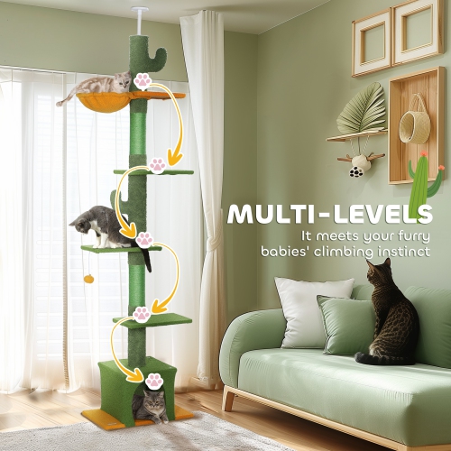 PawHut Floor to Ceiling Cat Tree, Cat Tower with 90.5"-108" Adjustable Height, 5 Tier Activity Centre with Scratching Posts, Hammock, Condo, Toy Ball