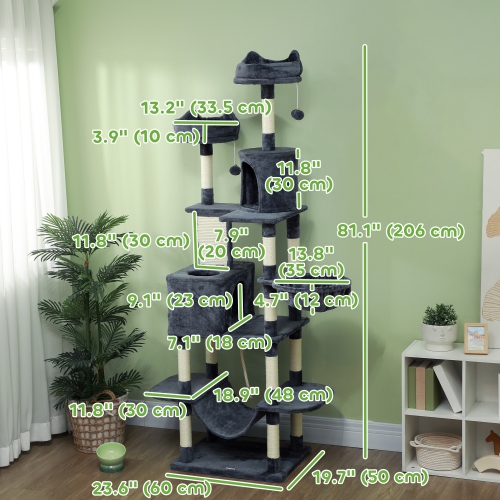 PawHut Cat Tower, 81" Cat Tree for Large Cats Adult w/ Scratching Posts, Scratching Board, Cat Condos, Cat Beds, Hammocks, Jumping Platforms, Toy