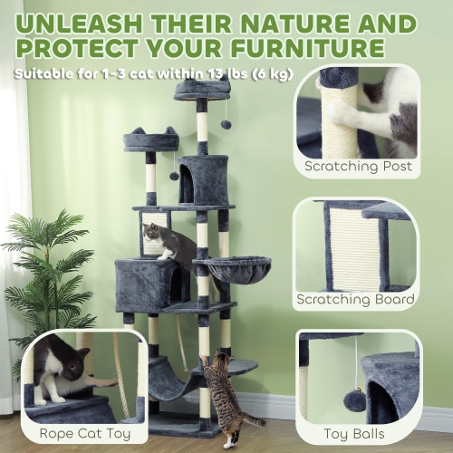 PawHut Cat Tower, 81" Cat Tree for Large Cats Adult w/ Scratching Posts, Scratching Board, Cat Condos, Cat Beds, Hammocks, Jumping Platforms, Toy