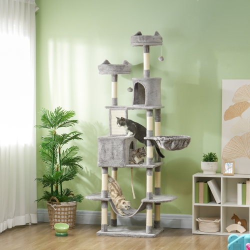 PawHut Cat Tower, 81" Cat Tree for Large Cats Adult w/ Scratching Posts, Scratching Board, Cat Condos, Cat Beds, Hammocks, Jumping Platforms, Toy