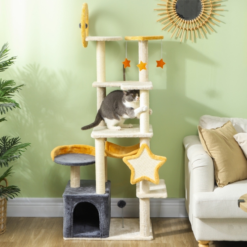 PawHut Cat Tower, 63 Inch Cat Tree for Large Cats Adult with Cat Scratching Posts, Cat Condo, Bed, Scratching Board, Cat Toys, Star and Moon Themed