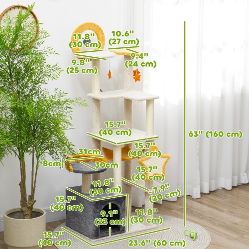 PawHut Cat Tower, 63 Inch Cat Tree for Large Cats Adult with Cat Scratching Posts, Cat Condo, Bed, Scratching Board, Cat Toys, Star and Moon Themed