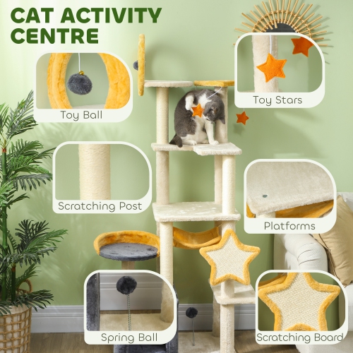 PawHut Cat Tower, 63 Inch Cat Tree for Large Cats Adult with Cat Scratching Posts, Cat Condo, Bed, Scratching Board, Cat Toys, Star and Moon Themed
