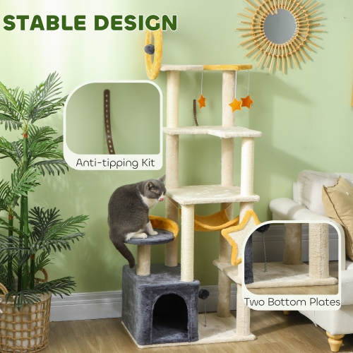 PawHut Cat Tower, 63 Inch Cat Tree for Large Cats Adult with Cat Scratching Posts, Cat Condo, Bed, Scratching Board, Cat Toys, Star and Moon Themed