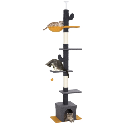 PawHut Floor to Ceiling Cat Tree, Cat Tower with 90.5"-108" Adjustable Height, 5 Tier Activity Centre with Scratching Posts, Hammock, Condo, Toy Ball