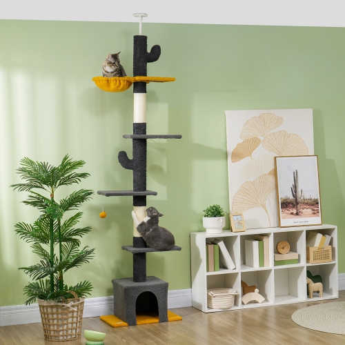 PawHut Floor to Ceiling Cat Tree, Cat Tower with 90.5"-108" Adjustable Height, 5 Tier Activity Centre with Scratching Posts, Hammock, Condo, Toy Ball