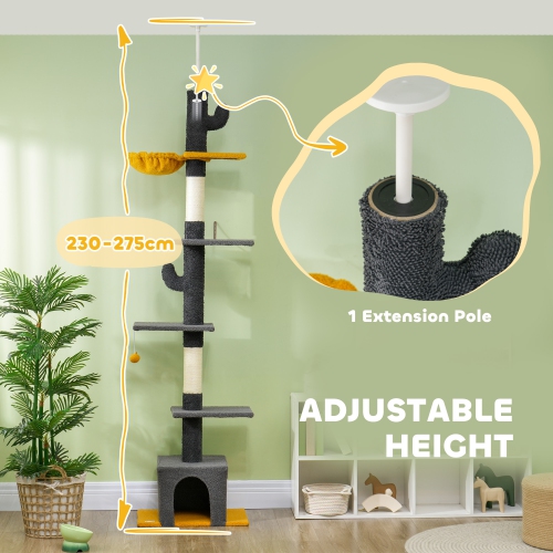 PawHut Floor to Ceiling Cat Tree, Cat Tower with 90.5"-108" Adjustable Height, 5 Tier Activity Centre with Scratching Posts, Hammock, Condo, Toy Ball