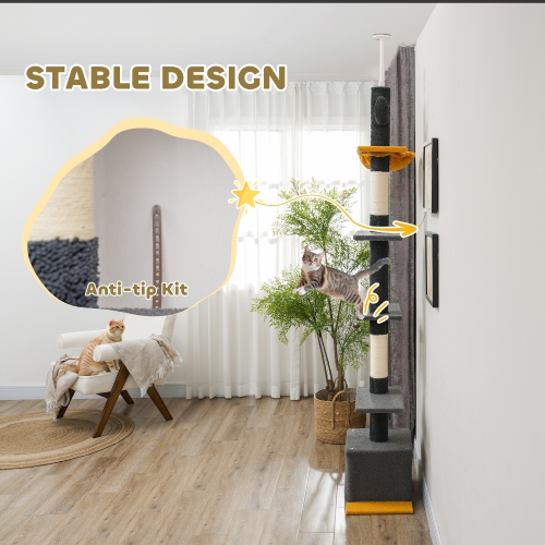 PawHut Floor to Ceiling Cat Tree, Cat Tower with 90.5"-108" Adjustable Height, 5 Tier Activity Centre with Scratching Posts, Hammock, Condo, Toy Ball