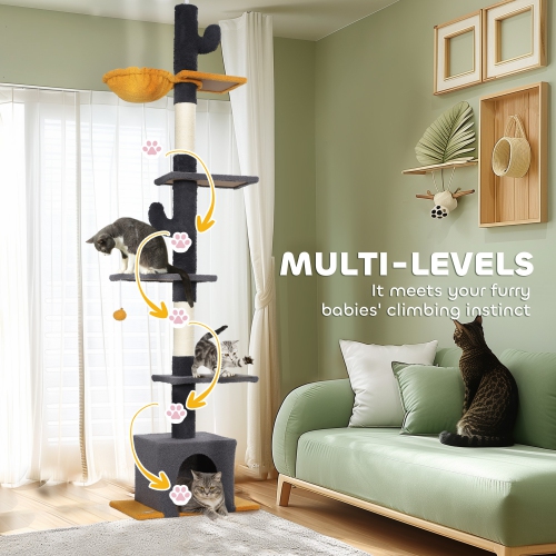 PawHut Floor to Ceiling Cat Tree, Cat Tower with 90.5"-108" Adjustable Height, 5 Tier Activity Centre with Scratching Posts, Hammock, Condo, Toy Ball