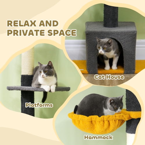 PawHut Floor to Ceiling Cat Tree, Cat Tower with 90.5"-108" Adjustable Height, 5 Tier Activity Centre with Scratching Posts, Hammock, Condo, Toy Ball