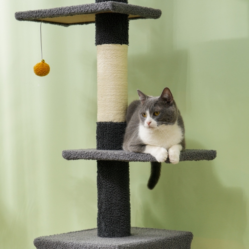 PawHut Floor to Ceiling Cat Tree, Cat Tower with 90.5"-108" Adjustable Height, 5 Tier Activity Centre with Scratching Posts, Hammock, Condo, Toy Ball