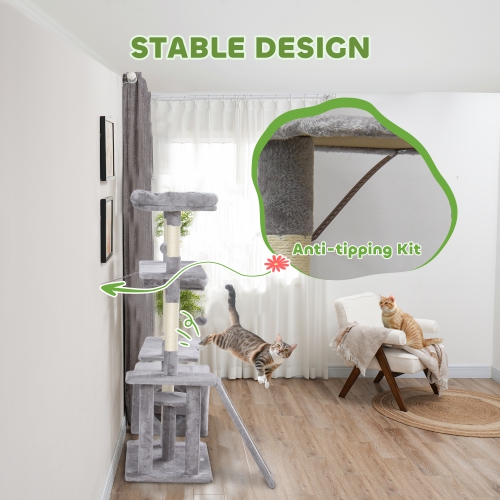 PawHut 53" Cat Tree, Multi-Level Cat Tower for Indoor Cats with Sisal Scratching Posts, Cat Condo, Beds, Platforms, Ramp, Toy Balls, Cat Activity