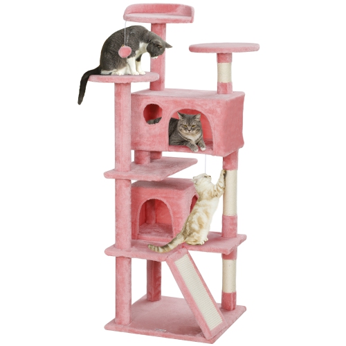 PawHut 54" Cat Tree, Cat Tower for Indoor Cats with Scratching Posts, Cat Condos, Bed, Platforms, Ramp, Toy Ball, Cat Activity Center, Pink