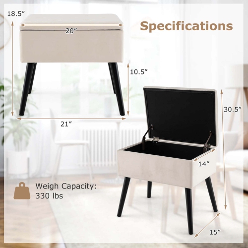 Ensemble de 2 tabourets de salle de bain en velours avec pattes de rangement en bois massif à dessus rabattable pour l'entrée de Costway