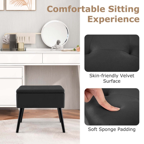Costway 2 PCS Velvet Vanity Stools with Storage Solid Wood Legs Flip-Up Top for Entryway
