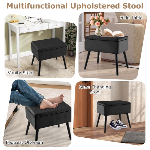 Costway 2 PCS Velvet Vanity Stools with Storage Solid Wood Legs Flip-Up Top for Entryway