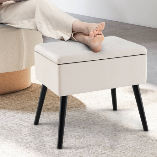 Costway Velvet Vanity Stool Ottoman with Storage Solid Wood Legs Flip-Up Top for Entryway
